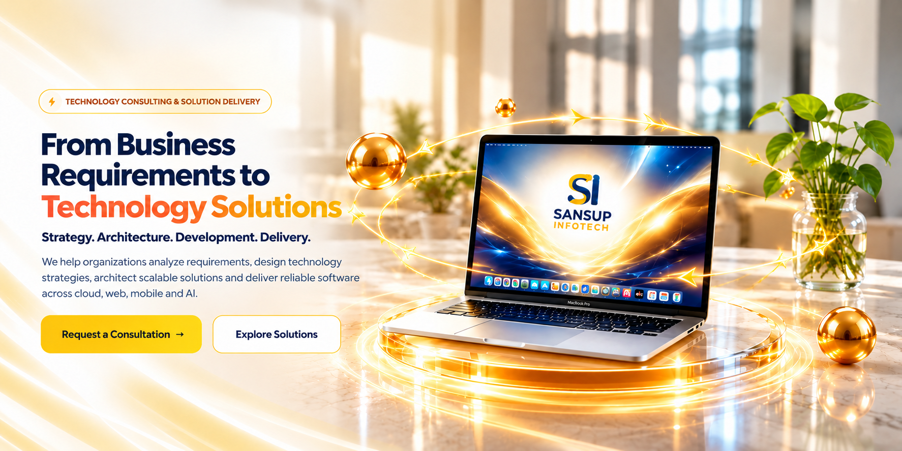 Sansup Infotech technology consulting hero with laptop, golden light and office plant